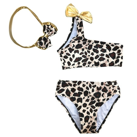 

Honeeladyy Rollbacks Toddler Girls Three-piece Swimsuit Bow Headwear Leopard Print Beach Split Bikini