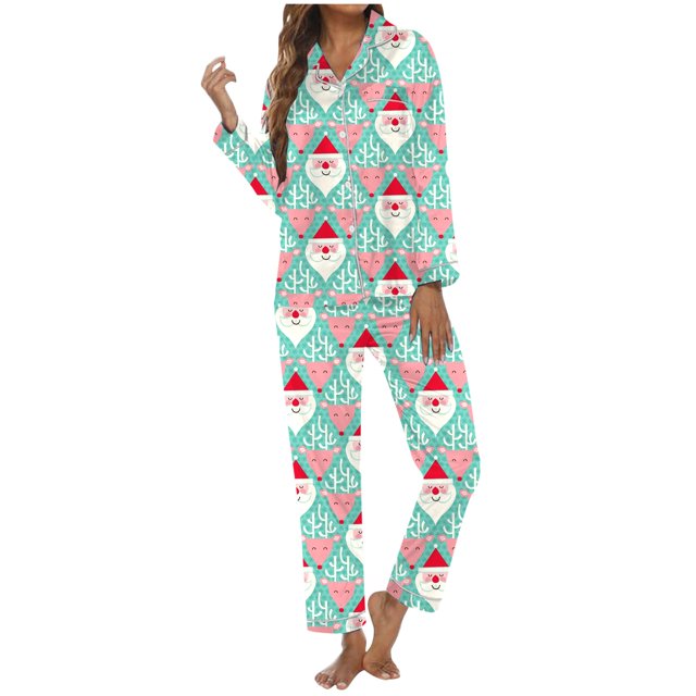 HNMKIU Comfortable Sleepwear Set Womens Christmas Snowman Pattern Cozy Long Pajama Sleep Set