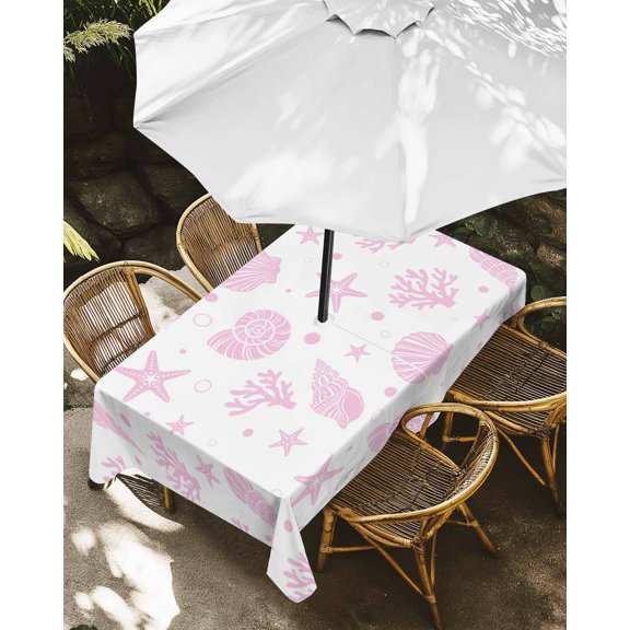 Outdoor Tablecloth with Umbrella Hole, Pink Ocean Shell Conch Coral Starfish Zippered Table Cloth for Rectangle Tables, Summer Marine Theme Washable Waterproof Tablecloths for Picnic Patio Garden