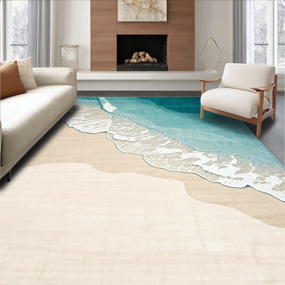 ODIKA 4'x6' Machine Washable Non-Slip Area Rug, Seashore Inspired Throw Beach Scenery High Traffic Rug, Beige, 86037