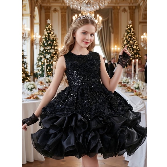 ZHOGXU Big Kids Girls Dress Sleeveless Round Neck Solid Color Sequined Mesh Comfortable Stylish Tutu Dresses For Party And Performance Black 6-7 Years