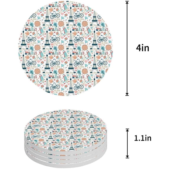 FMSHPON Paris France Decor Eiffel Tower Set of 4 Round Coaster for Drinks, Absorbent Ceramic Stone Coasters Cup Mat with Cork Base for Home Kitchen Room Coffee Table Bar Decor