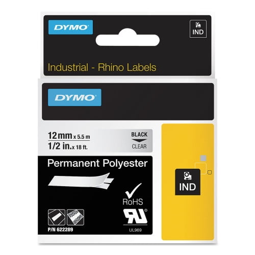 DYMO Rhino Permanent Vinyl Industrial Label Tape, 0.5" x 18 ft, Clear/Black Print, Each