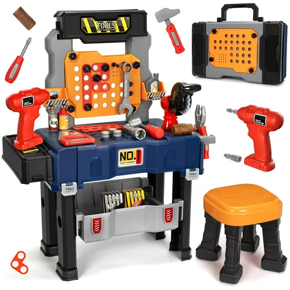 Ensemble de Banc à Outils pour Enfants avec Perceuse Électrique et Chaise, Jouets d'Établi de Construction pour Tout-Petits 3-5, Ensemble de Jeu d'Outils pour Enfants, Boîte à Outils Multifonctionnelle Transformable, Cadeau Garçon pour 3