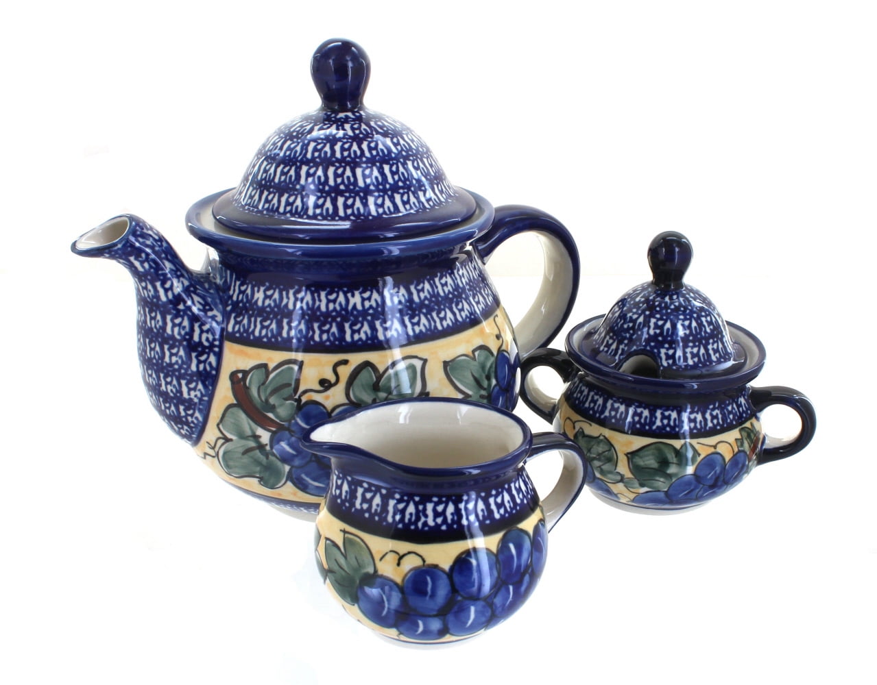 Polish Pottery Grapes Three Piece Tea Set with Cobalt Trim Walmart