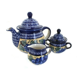 Blue Rose Polish Pottery Large Teapot - Hand-Painted Ceramic, 11-Cup Capacity, Blue Small Dots Pattern
