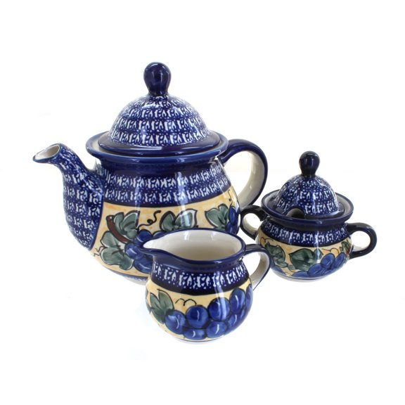 Blue Rose Polish Pottery Grapes Three Piece Tea Set with Cobalt Trim