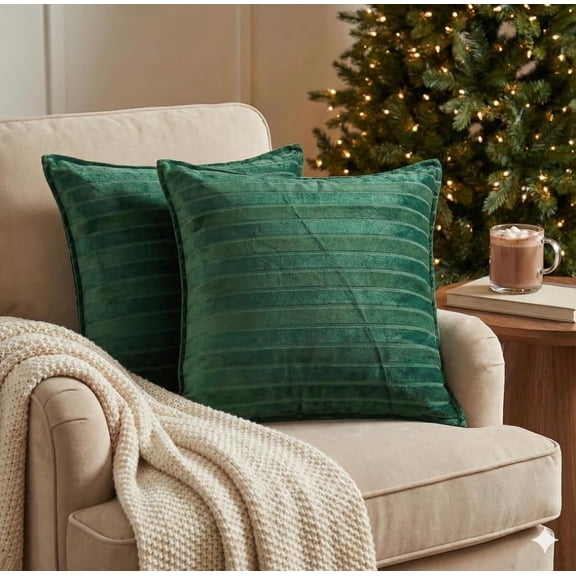 Velvet Throw Pillow Covers, Green Striped Textured Design, 20x20 Inches, 2 Pack- No Insert Pillow Included
