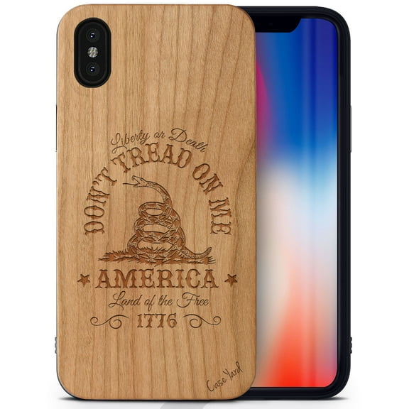 Case Yard Wooden Case Outside Soft TPU Silicone, Slim Fit Shockproof Wood Protective Phone Cover for Girls Boys Men and Women, Supports Wireless Charging Don't Tread On Me Design case for iPhone-X