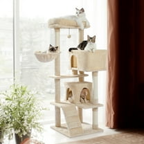 Pefilos 56" Multi-Level Cat Tree Tower House for Indoor Cats, Cat Condo Plush Perch with Scratching Posts, Hammock Basket, Beige