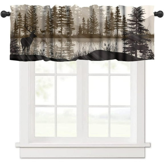 Retro Deer Valance, Foggy Forest Mountain Rustic Farmhouse Animal Deer Nature Woodland Lake Scenery Blackout Short Window Treatments for Living Room Bedroom Kitchen, 54x18inch
