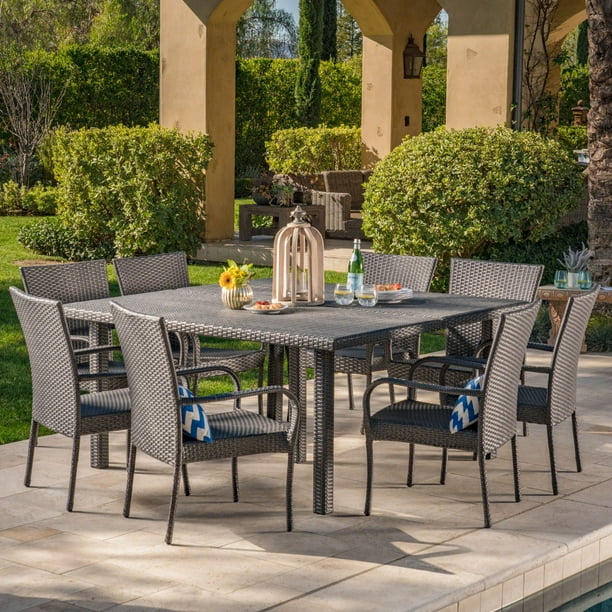 9-Piece Gray Finish Square Wicker Outdoor Furniture Patio Dining Set ...