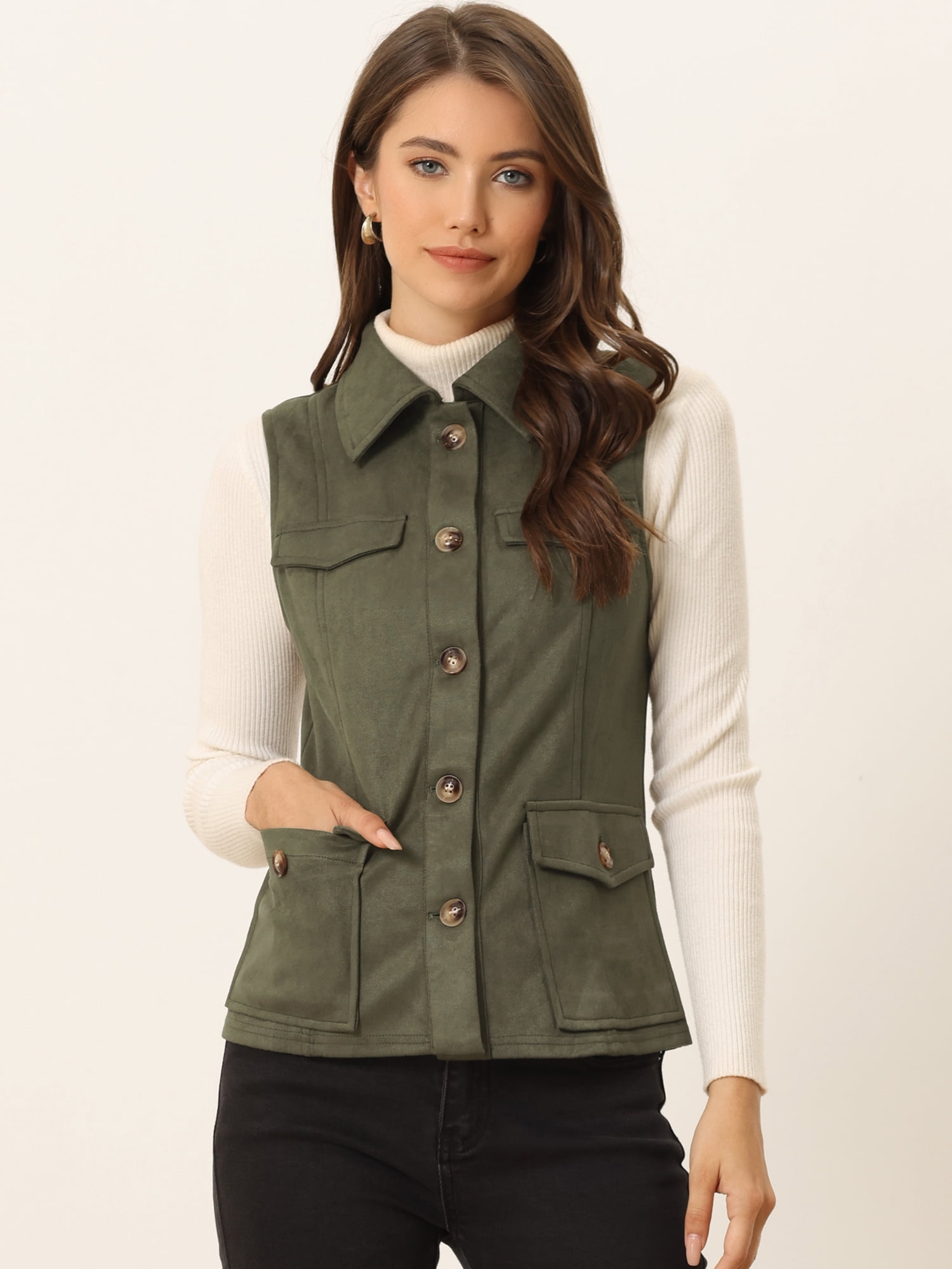 DARING DIVA Women's Rustic Button Up Utility Anorak Cargo Vest M Army Green