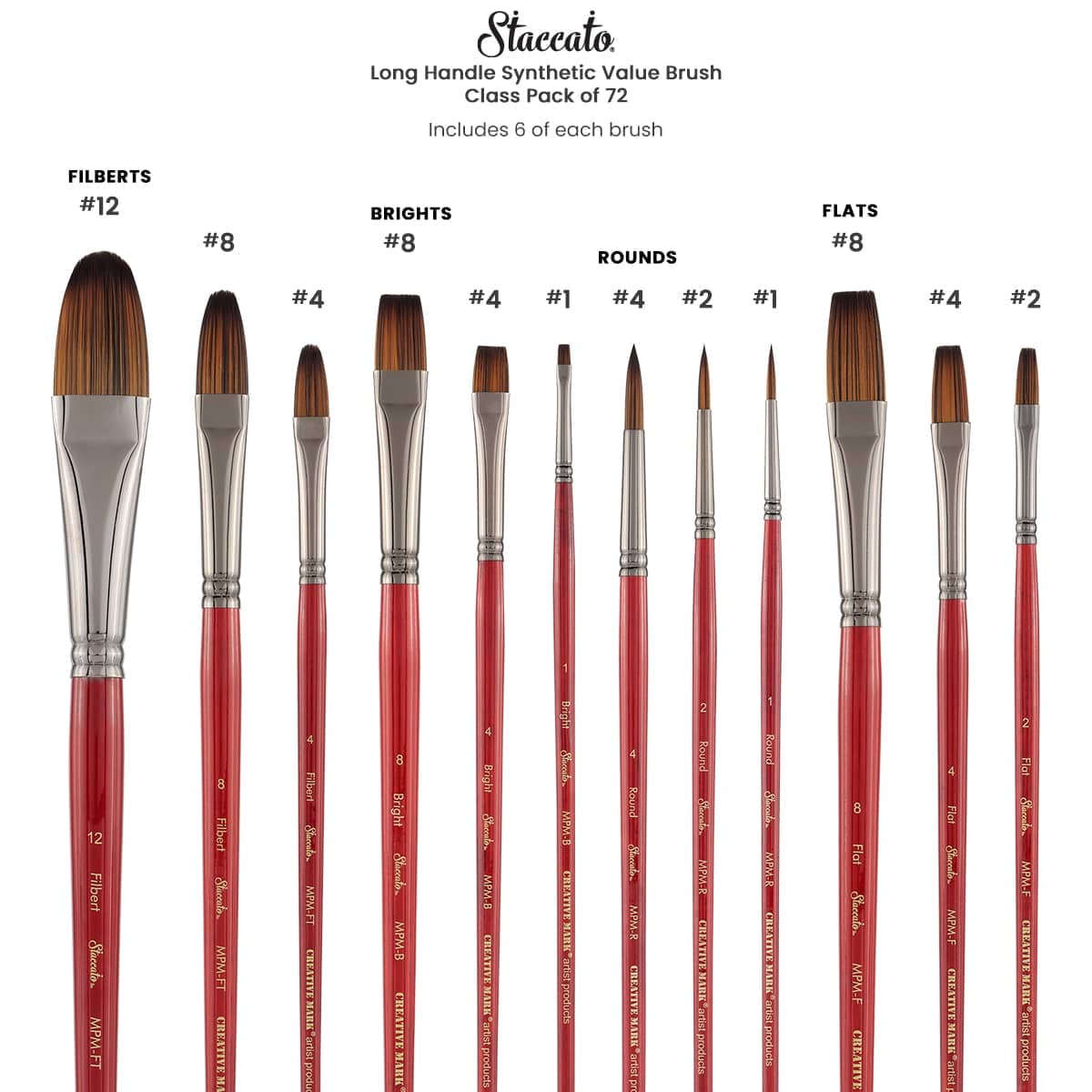 Creative Mark Staccato Artist Paintbrush - Assorted Shapes and Sizes - Bulk Pack of 72 - Synthetic Long Handled Brushes For Acrylic Paints, Handmade and Full Bodied With Springy Response