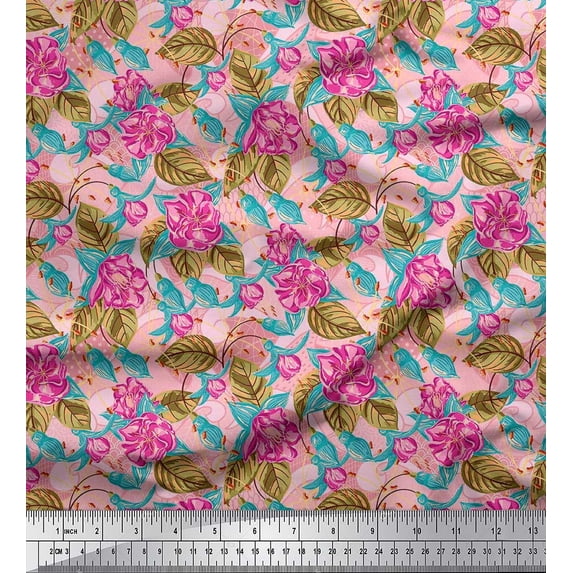Soimoi Orange Cotton Cambric Fabric Leaves & Pink Floral Printed Craft Fabric by The Yard 56 Inch Wide