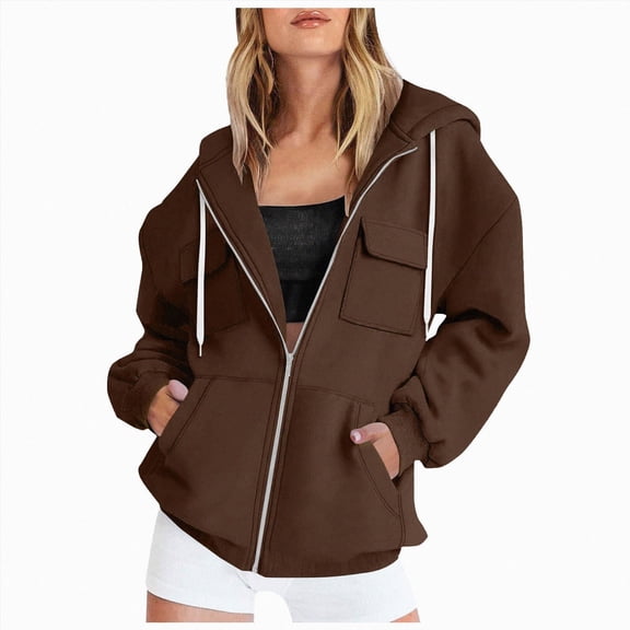 KPOPLK Women's Full Zip Up Hoodie Long Sleeve Hooded Sweatshirts Pockets Jacket Coat for Women(M,Brown)