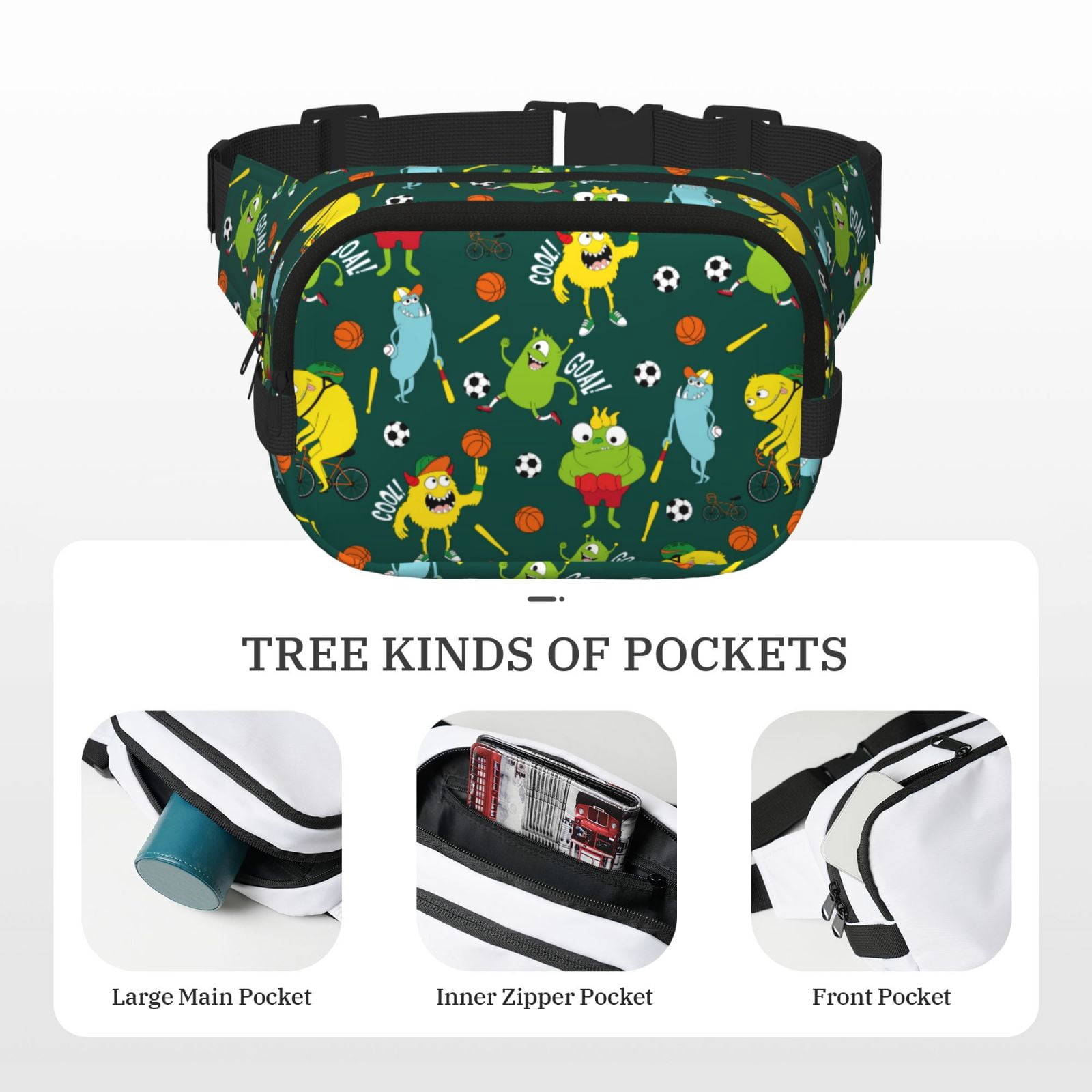 Picia Sport Monster Print Square Double-Layer Waist Bag Mini Adjustable Waist Belt Bag Exercise Running Travel Hiking