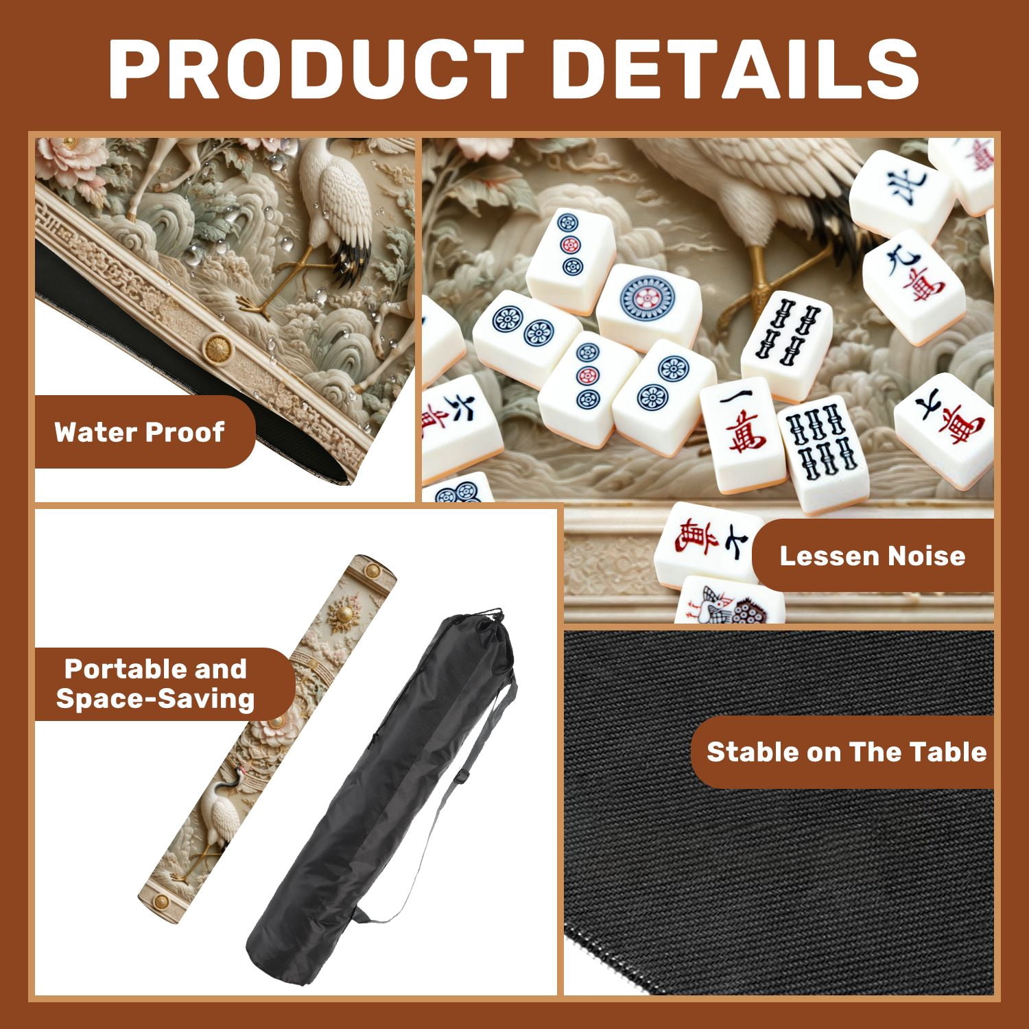 Mahjong Mat 31.5" x 31.5" Chinese Dragons Floral Mandala Relief Soft Pastel Tones Non-Slip Noise Reduction Chic Portable Gaming Table Cover for Family Game Night & Gift