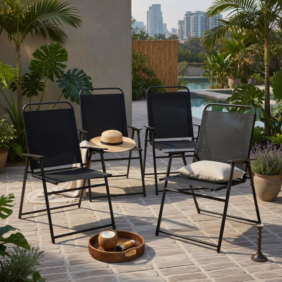 Hommoo 4-Piece Outdoor Folding Sling Chairs Set, Heavy-Duty Steel Frame, Ergonomic Armrests & Quick-Dry Fabric, Black