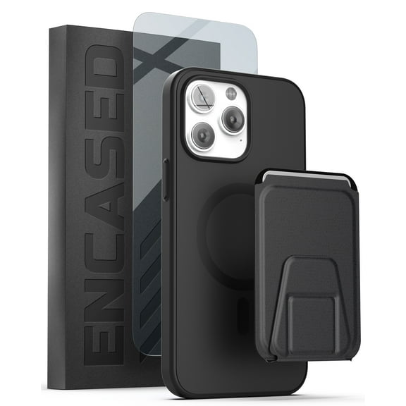Encased MAG SlimShield with Card Holder for iPhone 14 PRO Magnetic Case with Screen Protector (3-in-1) Compatible with MagSafe, Flip Kickstand Wallet (Black)