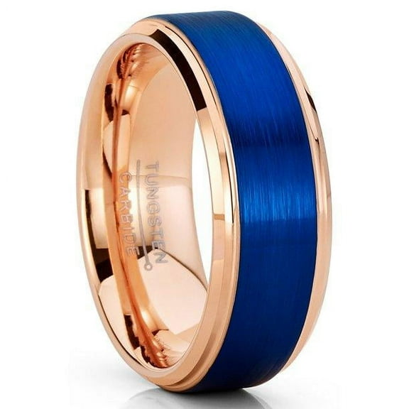 Tungsten Rings for Men Wedding Bands for Him Womens Wedding Bands for Her 8mm Rose Gold Blue Brushed Textured