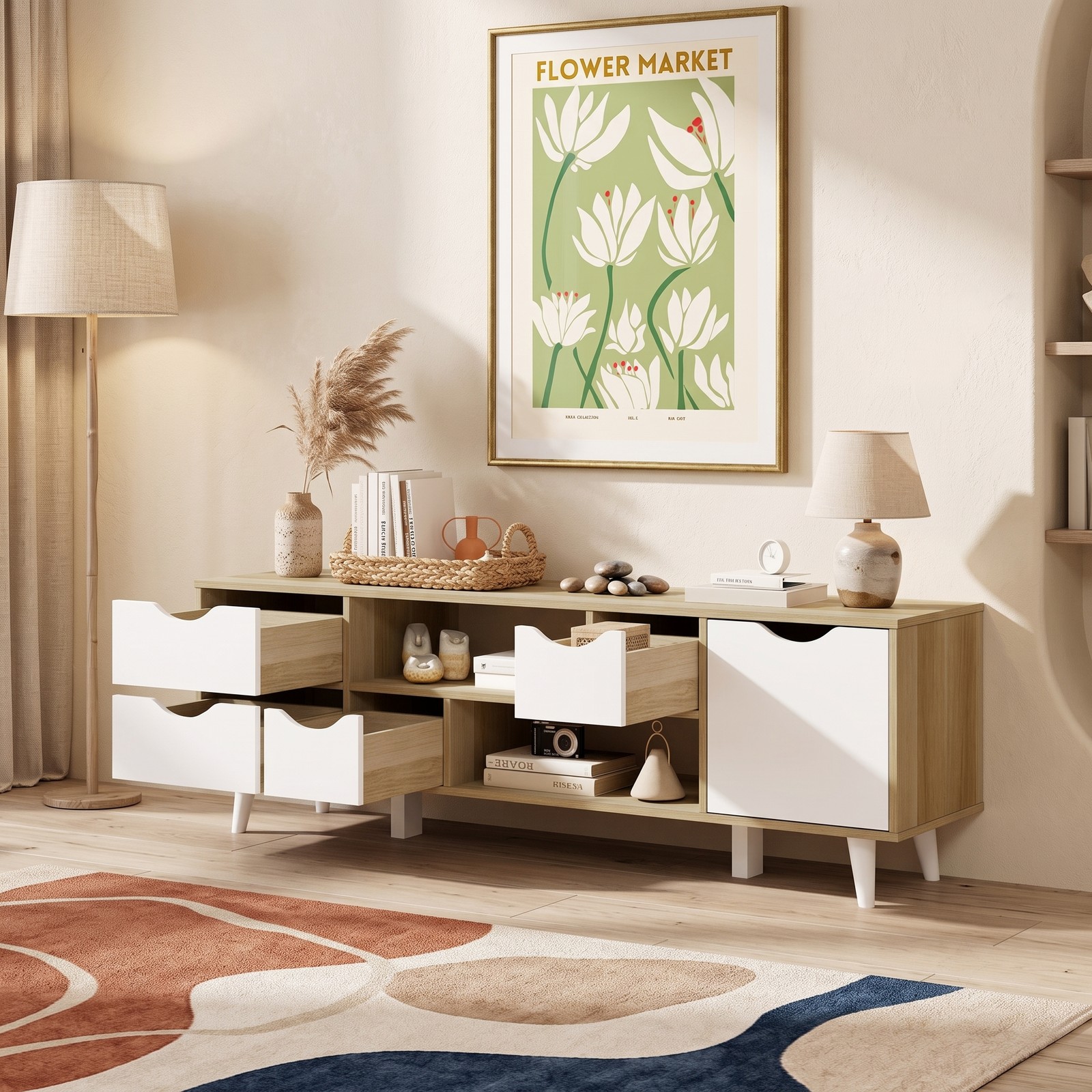 Furnibear TV Stand for TVs up to 55 Inch, Wood Entertainment Center Media Console with 4 Drawers and 2 Open Shelves, Adjustable Shelf, 6-Point Structure, Oak