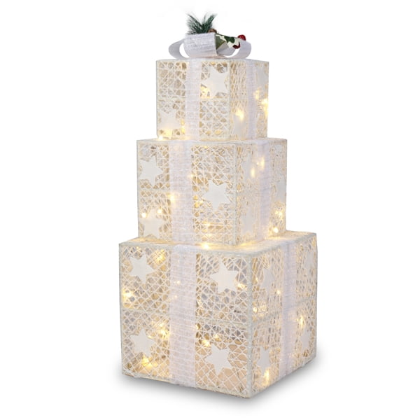 3-Piece Christmas Lighted Gift Boxes Set - 60 Warm White LEDs, Square ABS Plastic, Indoor/Outdoor Festive Decor for Home/Commercial Spaces