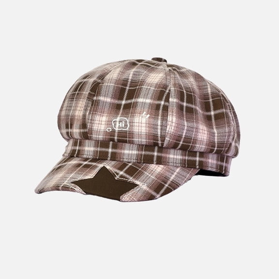 Women's Plaid Newsboy Cap with Star Detail Vintage Short Brim Hat