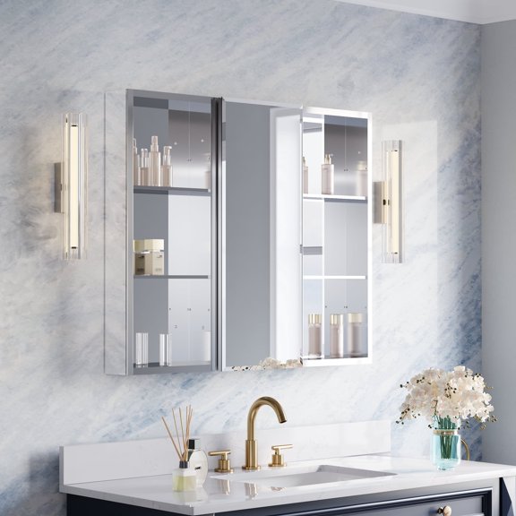 ANGELES HOME 36 in.×30 in.H Copper-Free Mirror Medicine Cabinet with Beveled Mirror Door and Open Shelf Set, Recessed or Surface Mount
