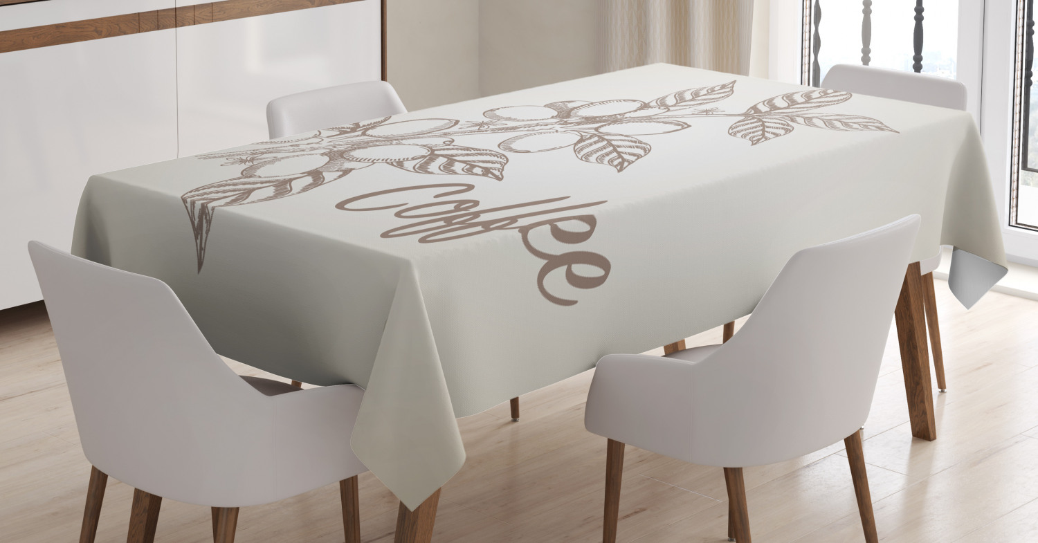 Coffee Tablecloth, Monochrome Sketch Branch with Leaves and Beans