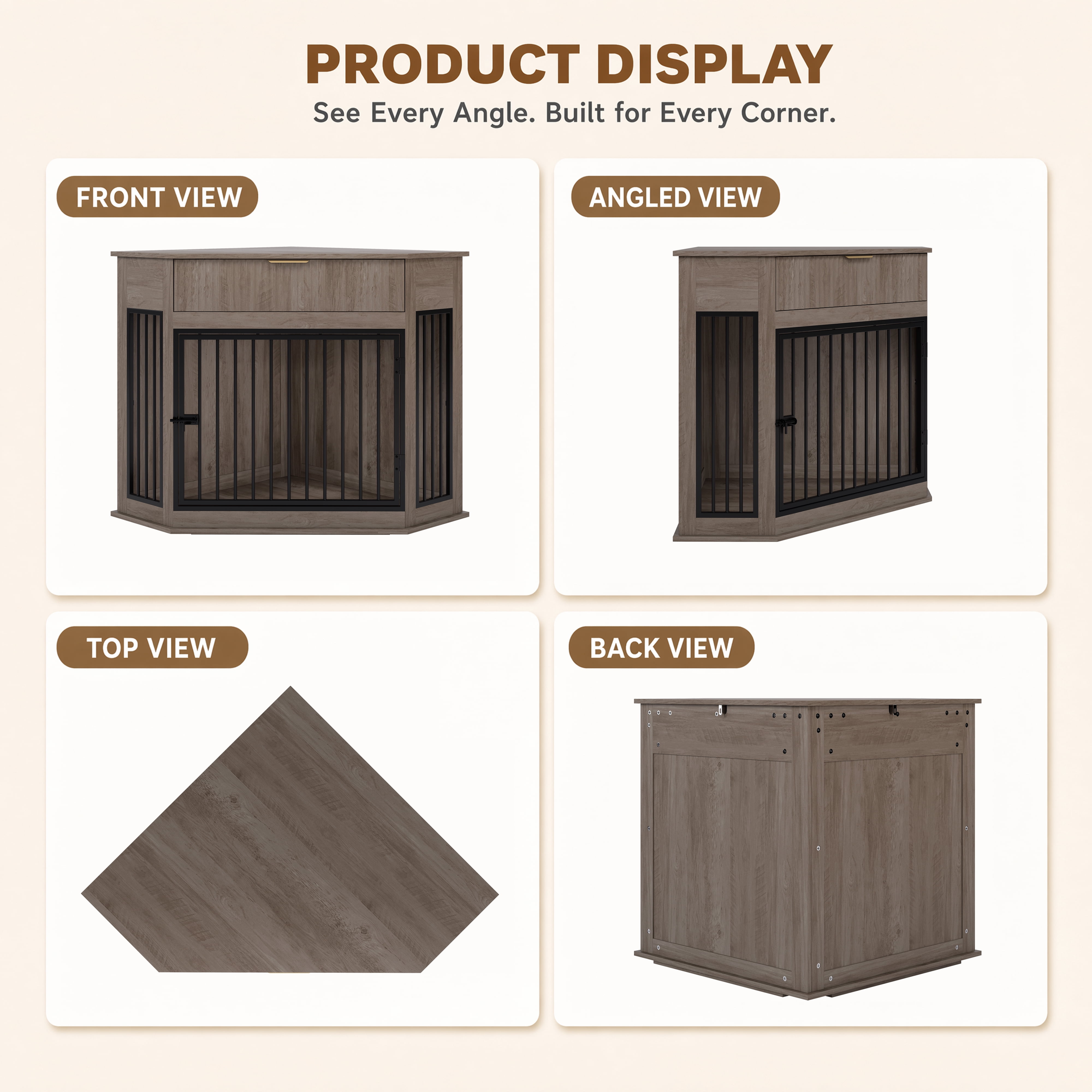 44.6" Corner MDF Dog Crate Furniture for Small/Medium Dogs, Decorative Dog Kennel End Table with Fluted Drawer Storage, Modern Space-Saving Dog Cage Cabinet for Home Décor Indoor(Grey Oak)