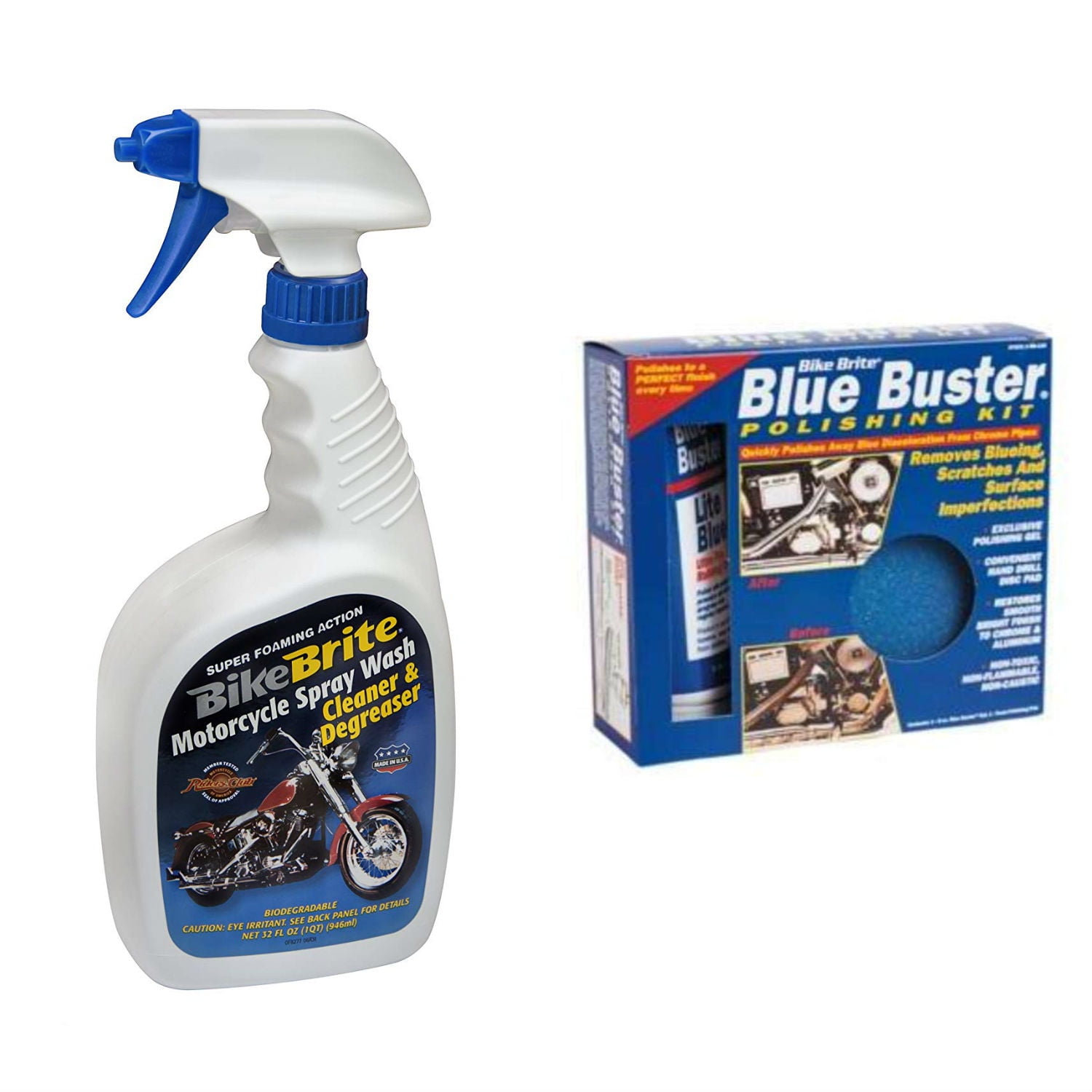 Bike Brite Blue Motorcycle Spray Wash Cleaner and Degreaser 32 fl. oz. and Blue Buster