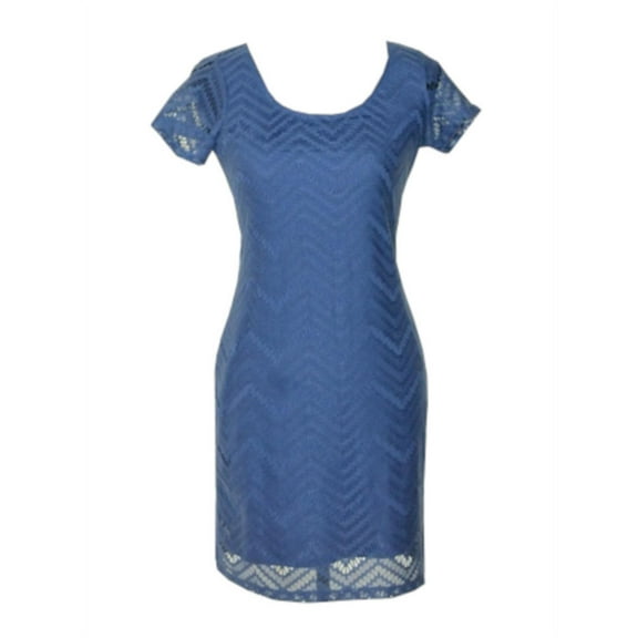 Tiana B. Womens Size Small Lace Sheath Dress, Denim/Cap Sleeve