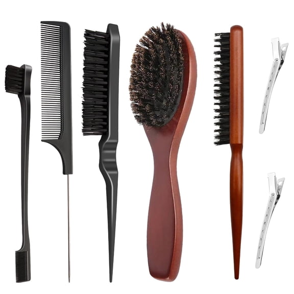 GIRACOA 7 Pieces Boar Bristle Brush, Boar Bristle Hair Brush, Hair Plating Brush, Boar Hair Brush, Beard Brush, Hair Brushes for Men and Women