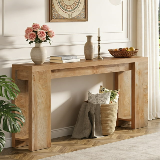 Fnova 70.9" Farmhouse Console Table for Entryway, Long Narrow Wood Entryway Table, Easy Assembly, Light Brown