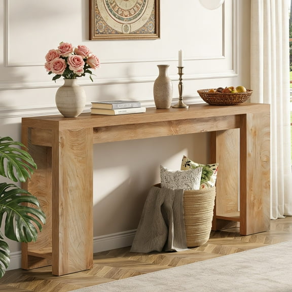 Fnova 70.9" Farmhouse Console Table for Entryway, Long Narrow Wood Entryway Table, Easy Assembly, Light Brown
