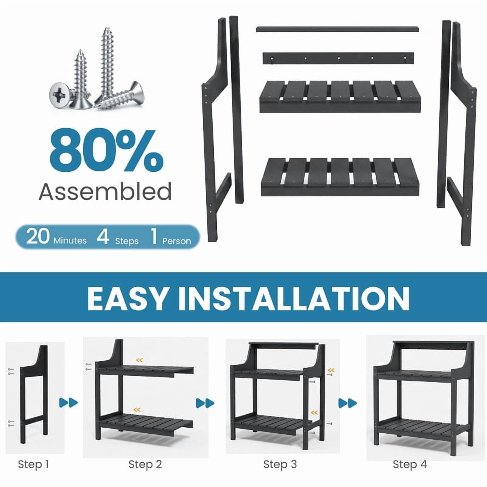 Howcool HDPE Outdoor Potting Bench with Storage & Hooks, 3-Tier Heavy-Duty Garden Workstation Table, All-Weather Potting Table for Patio & Backyard, Grey