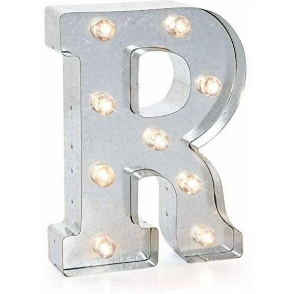 ZYLER- Silver Metal Lighted Marquee Letter R Vintage Industrial Decor For Events