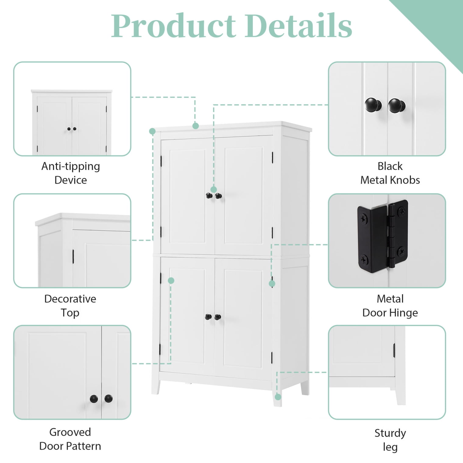 Bathroom Floor Cabinet with Door Storage and Anti-Tipping Device, Wooden Storage Cabinet with Adjustable Shelves and 4 Sturdy Legs, Freestanding Cupboard for Kitchen, Living Room, Entryway, White