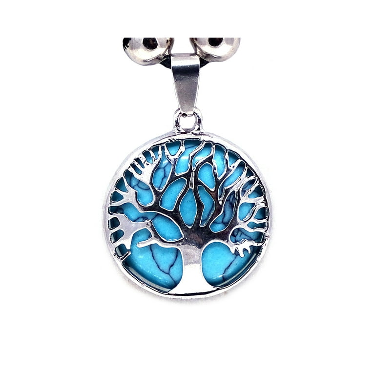 Tree of Life Round Silver Metal Healing Gemstone Crystal Cabochon Pendant  Adjustable Necklace - Womens Fashion Handmade Celestial Jewelry Boho  Accessories 
