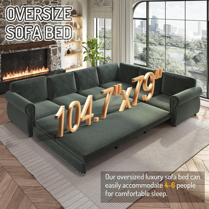 118" L-Shaped Convertible Sleeper Couch Bed, Chenille Upholstered Sectional Sofa with Pull-Out Sofa Bed, Modern Chesterfield Sofa for Living Room