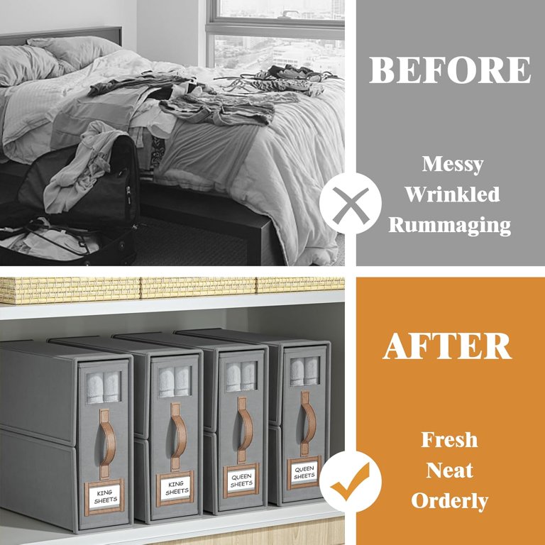 BettMorrow Bed Sheet Organizer Storage Box - Foldable Under Bed Linen Closet Box With Handle Window (Beige)