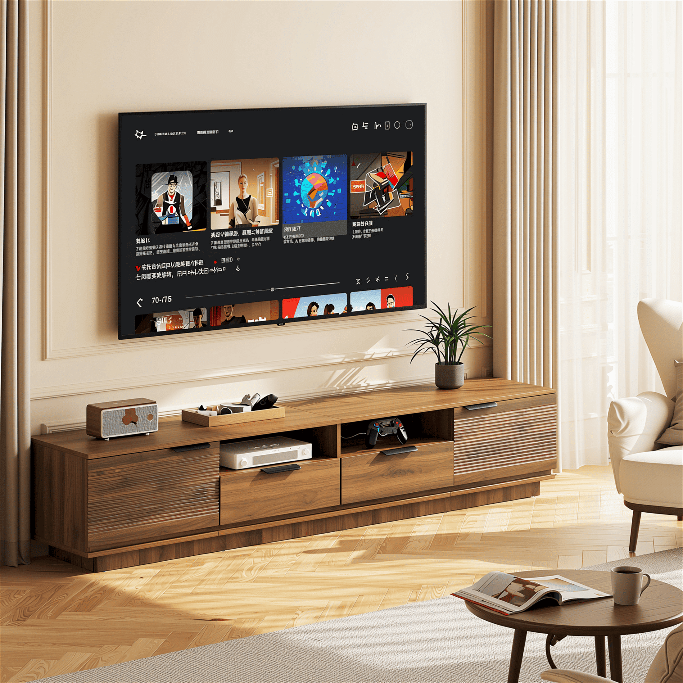 Homy Casa 78.7" Rustic Brown TV Stand for 85" TVs with Fluted Doors, 2 Drawers and Open Shelves