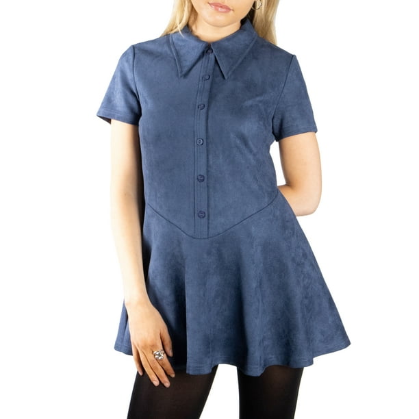 Jess por Meiko Vestido de Mujer de Manga Corta con Botones, Cintura Baja, Cuello, Vestido Mini Acampanado, Talla L, Azul Oscuro