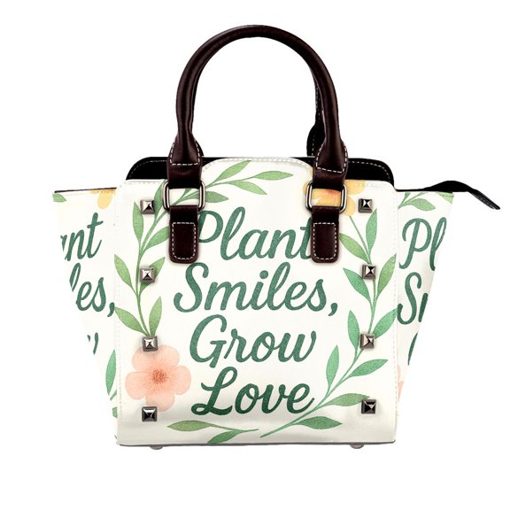 Plant Smiles, Grow Love Rivet Handbag Studded Satchel One-Shoulder Tote Bag for Women