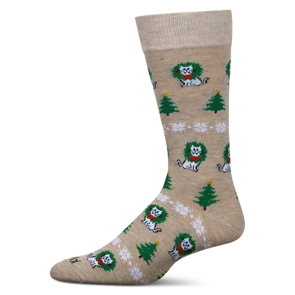 MeMoi Men's Fairisle Cat Holiday Crew Socks - Mens - Male, 10-13, Oatmeal Heather