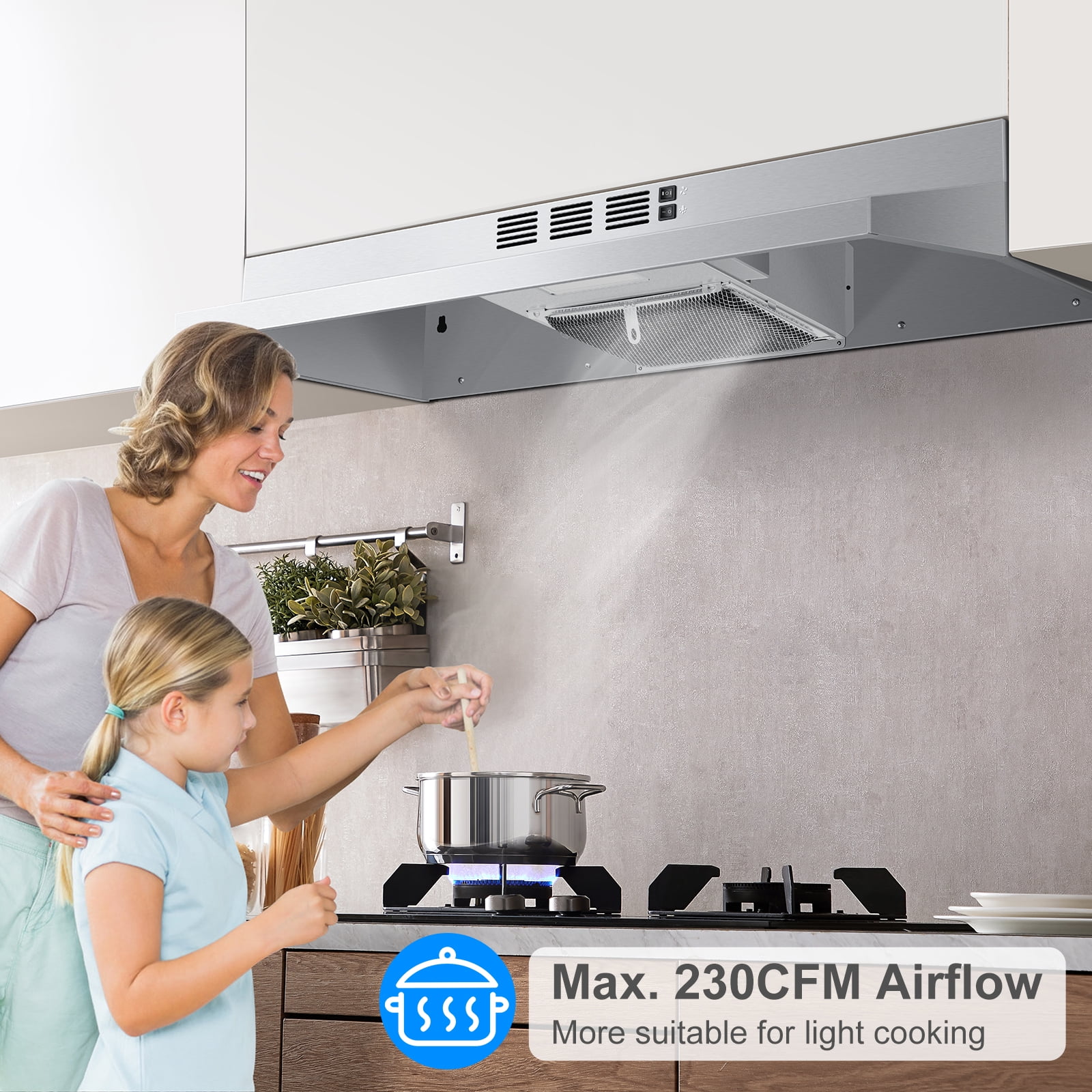 Joeaonz 24-Inch Ductless Under Cabinet Range Hood with LED Light, Stainless Steel, Rear Exhaust, 2-Speed, Dishwasher-Safe Filter
