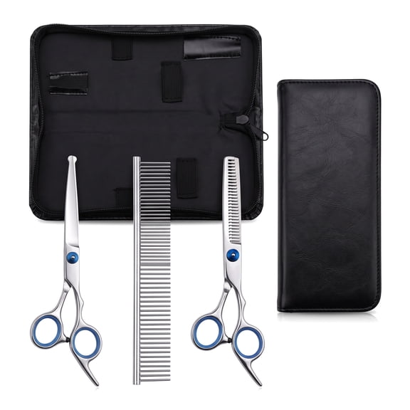 Lipengxiao Pet Grooming Scissors Set, 2 Pack Safety Round Tip Curved Scissors & Thinning Shears for Dogs and Cats