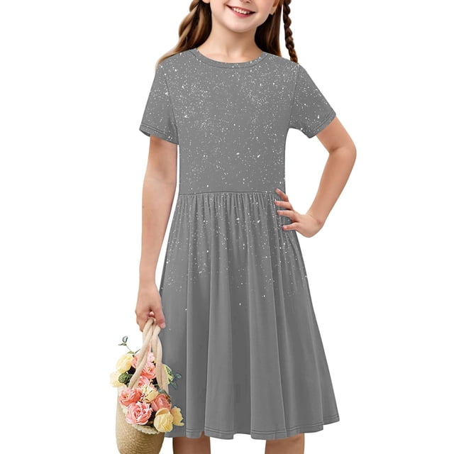 LOVZFMLL Robe Mignonne à Manches Courtes pour Tout-Petits Enfants Couleur Unie Imprimée Extensible Robe Trapèze