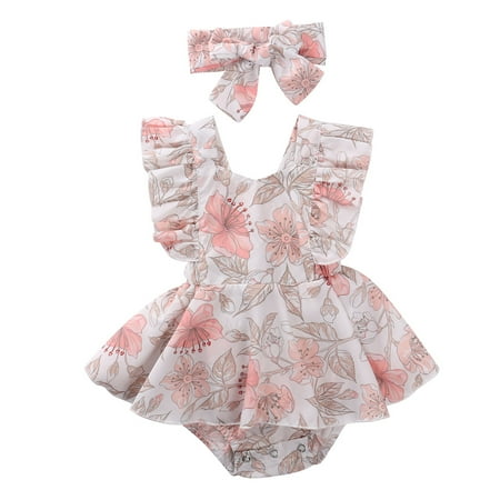 

Carolilly Baby Girls Summer Casual Romper Floral Print Short Fly Sleeve Jumpsuit+Bowknot Headwear